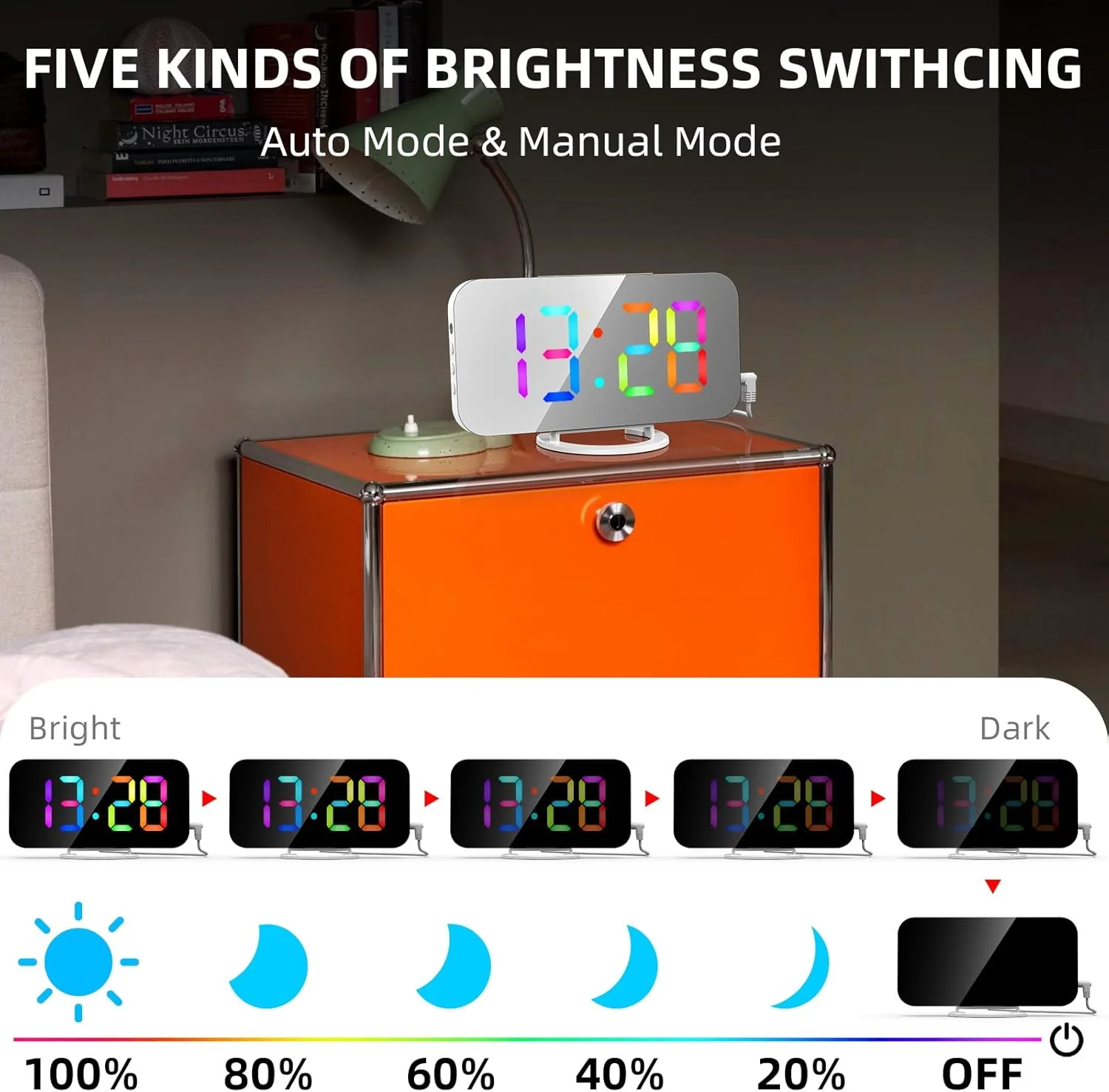 ساعت رومیزی LED ThreeH با آینه رنگی RGB پویا، ساعت زنگ دار با دو پورت شارژر USB، 6 سطح روشنایی، دکوراسیون منزل و محل کار، سفید ساعت رومیزی LED ThreeH با آینه رنگی RGB پویا، ساعت زنگ دار با دو پورت شارژر USB، 6 سطح روشنایی، دکوراسیون منزل و محل کار، سفید