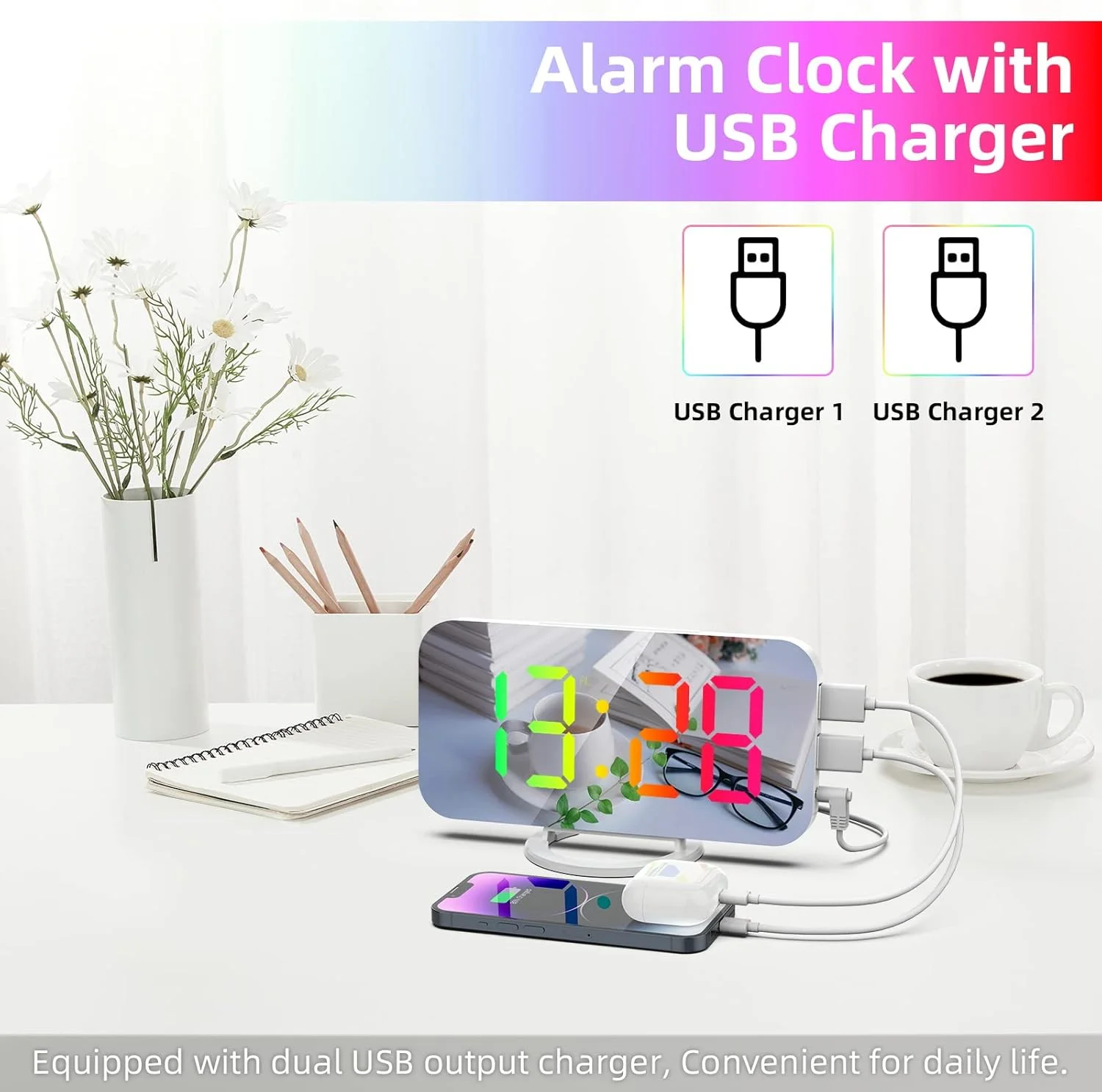 ساعت رومیزی LED ThreeH با آینه رنگی RGB پویا، ساعت زنگ دار با دو پورت شارژر USB، 6 سطح روشنایی، دکوراسیون منزل و محل کار، سفید ساعت رومیزی LED ThreeH با آینه رنگی RGB پویا، ساعت زنگ دار با دو پورت شارژر USB، 6 سطح روشنایی، دکوراسیون منزل و محل کار، سفید