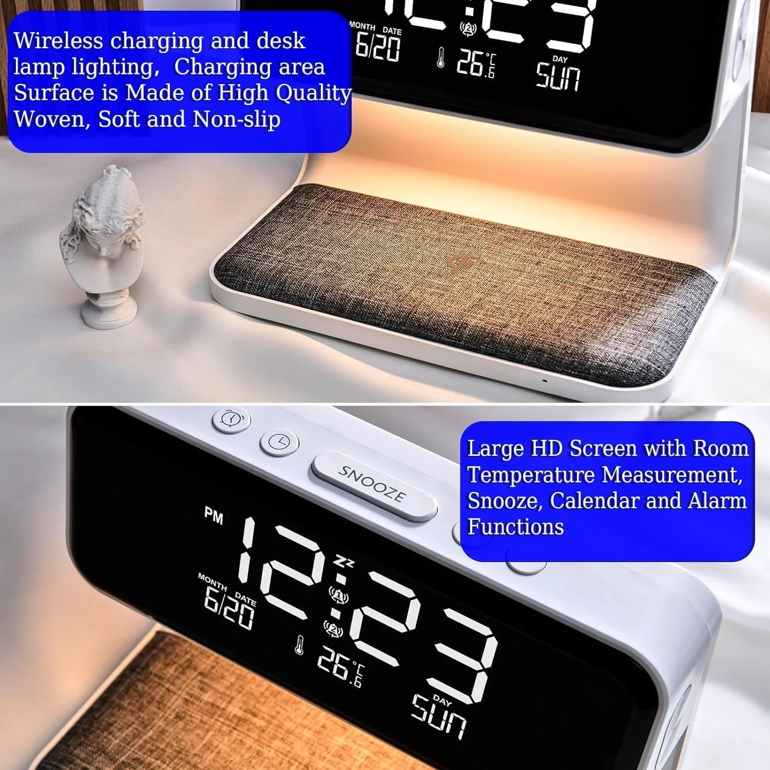 ساعت زنگ دار با شارژ بی سیم، چراغ خواب لمسی کنار تخت، چراغ شب اتاق خواب با نمایشگر LED کم نور شونده، ایستگاه شارژر بی سیم سریع، شارژ بی سیم، زنگ هشدار، شارژر USB، کم نور شونده (سفید) ساعت زنگ دار با شارژ بی سیم، چراغ خواب لمسی کنار تخت، چراغ شب اتاق خواب با نمایشگر LED کم نور شونده، ایستگاه شارژر بی سیم سریع، شارژ بی سیم، زنگ هشدار، شارژر USB، کم نور شونده (سفید)