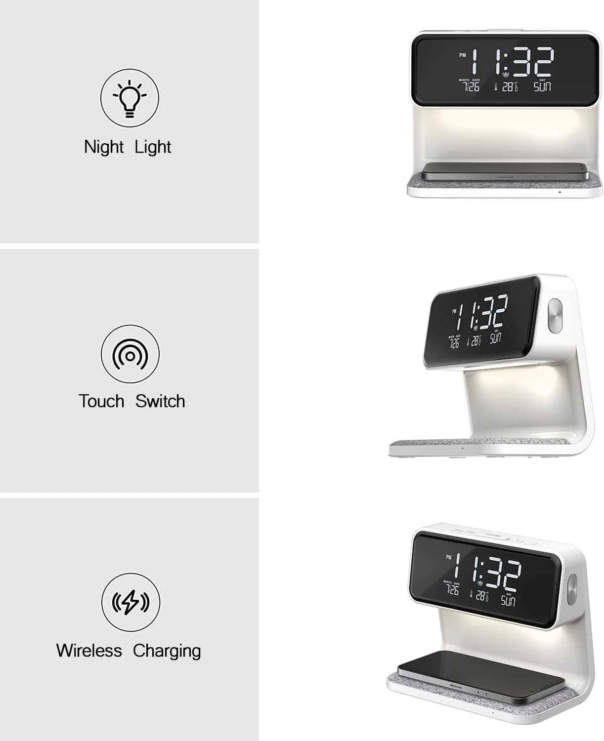 ساعت زنگ دار با شارژ بی سیم، چراغ خواب لمسی کنار تخت، چراغ شب اتاق خواب با نمایشگر LED کم نور شونده، ایستگاه شارژر بی سیم سریع، شارژ بی سیم، زنگ هشدار، شارژر USB، کم نور شونده (سفید) ساعت زنگ دار با شارژ بی سیم، چراغ خواب لمسی کنار تخت، چراغ شب اتاق خواب با نمایشگر LED کم نور شونده، ایستگاه شارژر بی سیم سریع، شارژ بی سیم، زنگ هشدار، شارژر USB، کم نور شونده (سفید)
