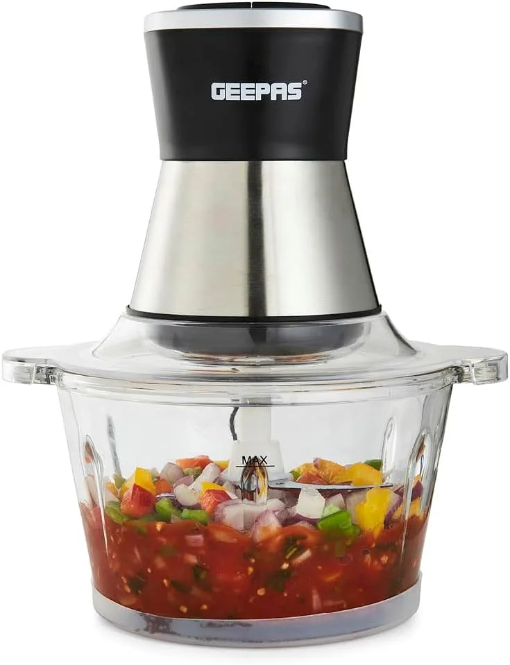 غذاساز چندکاره 2 لیتری Geepas با پوست کن سیر - 2 سرعته با 4 تیغه استیل ضد زنگ | کاسه شیشه ای | 500 وات | ایده آل برای خرد کردن سیر، زنجبیل، سبزیجات، پیاز، آجیل و موارد دیگر