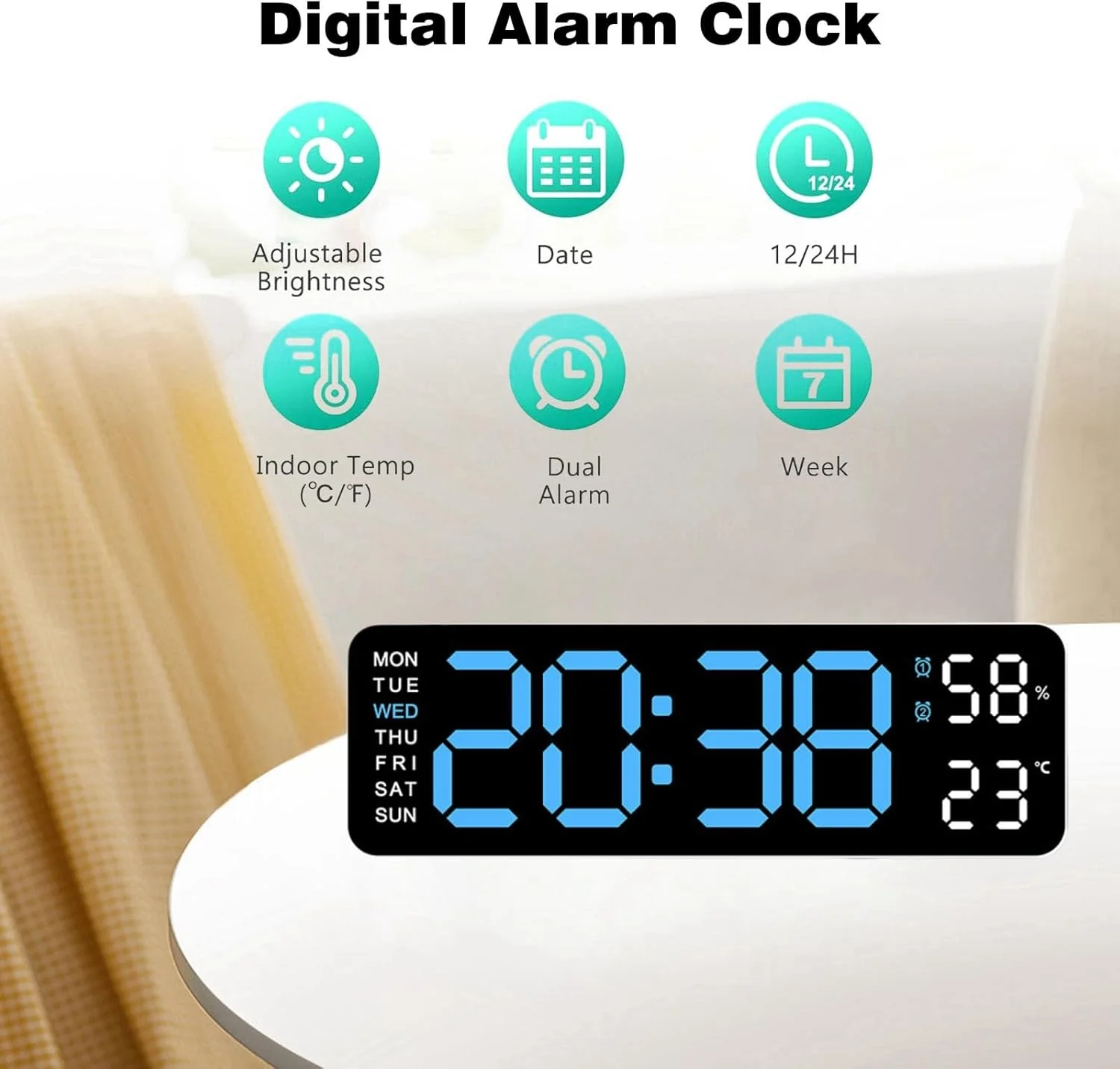 ساعت زنگ دار دیجیتال، ساعت زنگ دار دیواری برای اتاق خواب، ساعت هوشمند رومیزی با صفحه نمایش LED ساده با 3 سطح روشنایی، نمایش دما و رطوبت، ساعت مدرن برای اتاق نشیمن و دفتر کار (آبی) ساعت زنگ دار دیجیتال، ساعت زنگ دار دیواری برای اتاق خواب، ساعت هوشمند رومیزی با صفحه نمایش LED ساده با 3 سطح روشنایی، نمایش دما و رطوبت، ساعت مدرن برای اتاق نشیمن و دفتر کار (آبی)