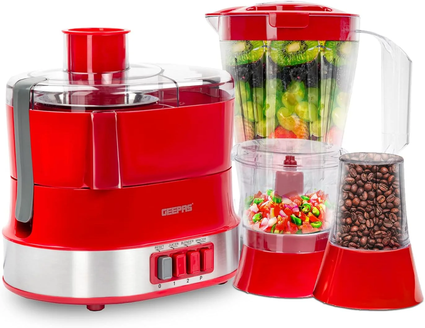 غذاساز چندکاره 4 در 1 Geepas | مخلوط کن برقی، آبمیوه گیری، 2 سرعته با عملکرد پالس و قفل ایمنی 800 وات | شامل آبمیوه گیری، مخلوط کن، آسیاب قهوه - متنوع