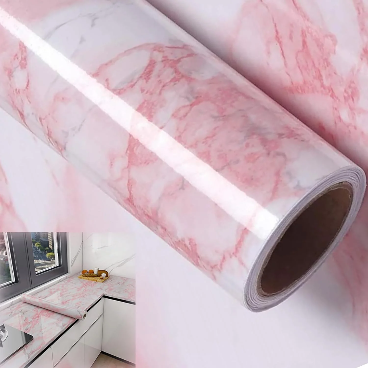 رول کاغذ دیواری چسبی طرح سنگ مرمر صورتی، 45 سانتی متر در 200 سانتی متر، تغییر دکوراسیون شیک آشپزخانه و مبلمان، استیکرهای دیواری بادوام برای میز کتاب، میز آرایش، دکوراسیون DIY، ضد آب، نصب آسان