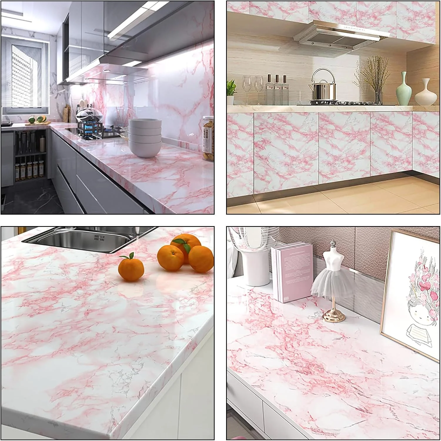 رول کاغذ دیواری چسبی طرح سنگ مرمر صورتی، 45 سانتی متر در 200 سانتی متر، تغییر دکوراسیون شیک آشپزخانه و مبلمان، استیکرهای دیواری بادوام برای میز کتاب، میز آرایش، دکوراسیون DIY، ضد آب، نصب آسان