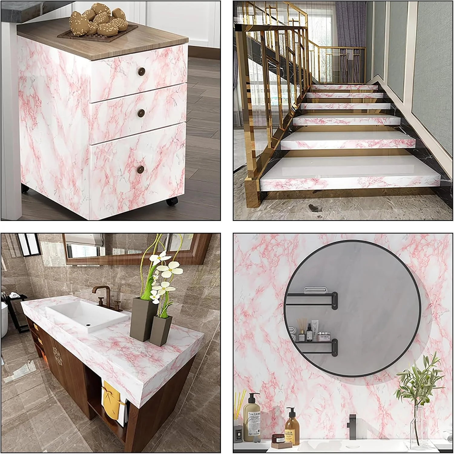 رول کاغذ دیواری چسبی طرح سنگ مرمر صورتی، 45 سانتی متر در 200 سانتی متر، تغییر دکوراسیون شیک آشپزخانه و مبلمان، استیکرهای دیواری بادوام برای میز کتاب، میز آرایش، دکوراسیون DIY، ضد آب، نصب آسان