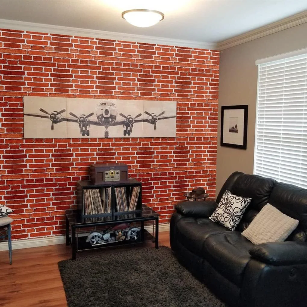 کاغذ دیواری طرح آجر قرمز Arthome، 43.5x305 سانتی متر، خود چسب، ضد آب، براق، PVC وینیل، ضد روغن، کاغذ دیواری طرح آجر قرمز، کاغذ وینیل طرح آجر قرمز برای پوشش سطح مبلمان، پیشخوان، آشپزخانه، روکش قفسه...