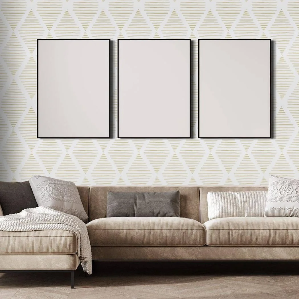 آرتهوم وال دکور، کاغذ دیواری راه راه سفید و بژ، 43.5x305 سانتی متر، کاغذ دیواری مدرن طرح الماس هندسی، قابل جابجایی و خود چسب برای اتاق خواب، کشوها، کابینت ها، تمیز کردن آسان