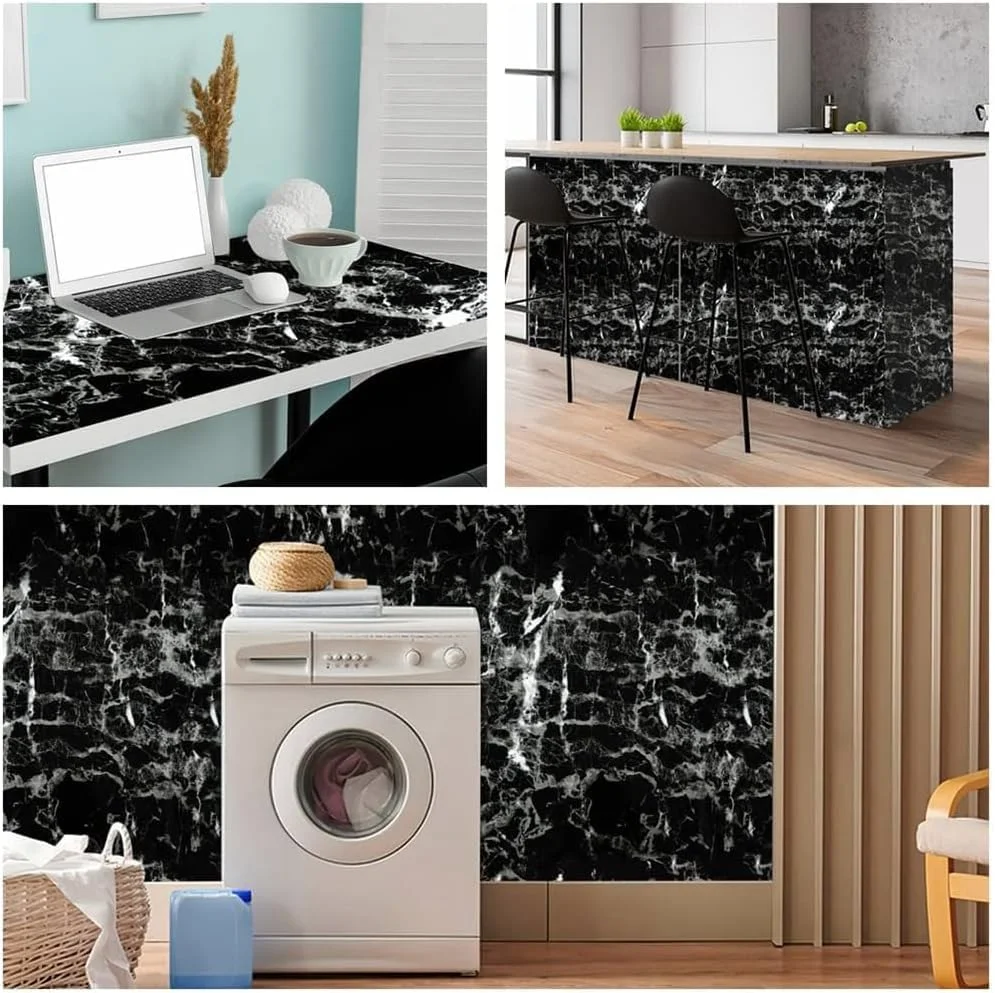 کاغذ دیواری طرح مرمر مشکی آرتهوم، 40x310 سانتی متر، کاغذ دیواری خود چسب طرح مرمر مشکی، کاغذ دیواری وینیل ضد آب برای پوشش کابینت، کانتر و دیوار