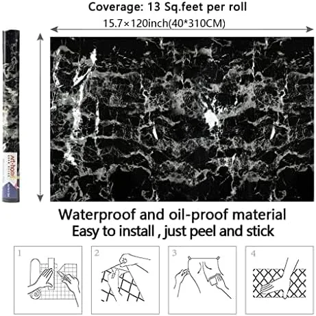 کاغذ دیواری طرح مرمر مشکی آرتهوم، 40x310 سانتی متر، کاغذ دیواری خود چسب طرح مرمر مشکی، کاغذ دیواری وینیل ضد آب برای پوشش کابینت، کانتر و دیوار