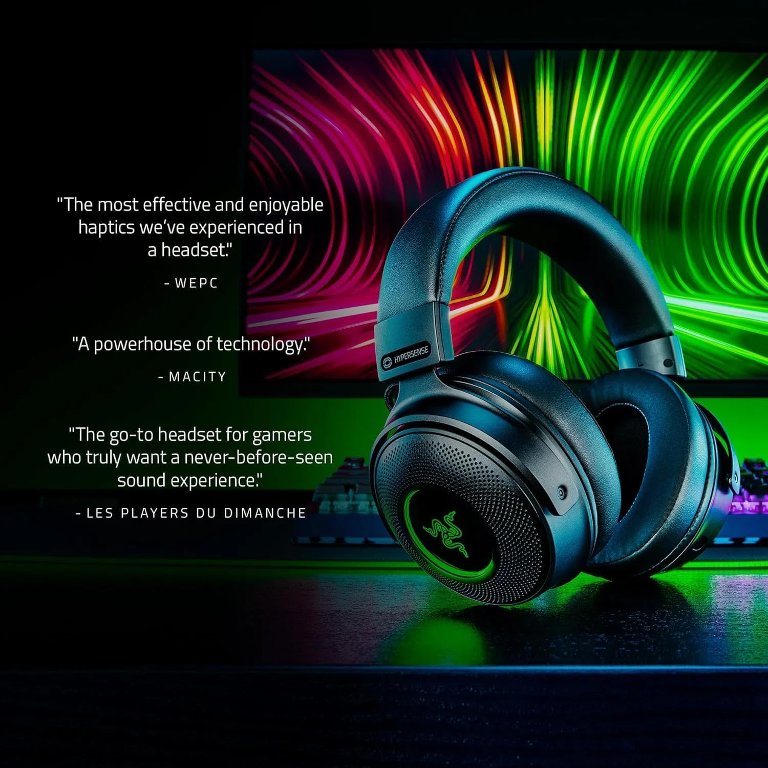 هدست گیمینگ بی سیم Razer Kraken V3 Pro: فناوری لمسی HyperSense، حذف نویز پسیو، بی سیم USB-A (2.4 گیگاهرتز)، آنالوگ 3.5 میلی متری، برای PC، PS4، PS5، نینتندو سوییچ، موبایل، ایکس باکس - مشکی
