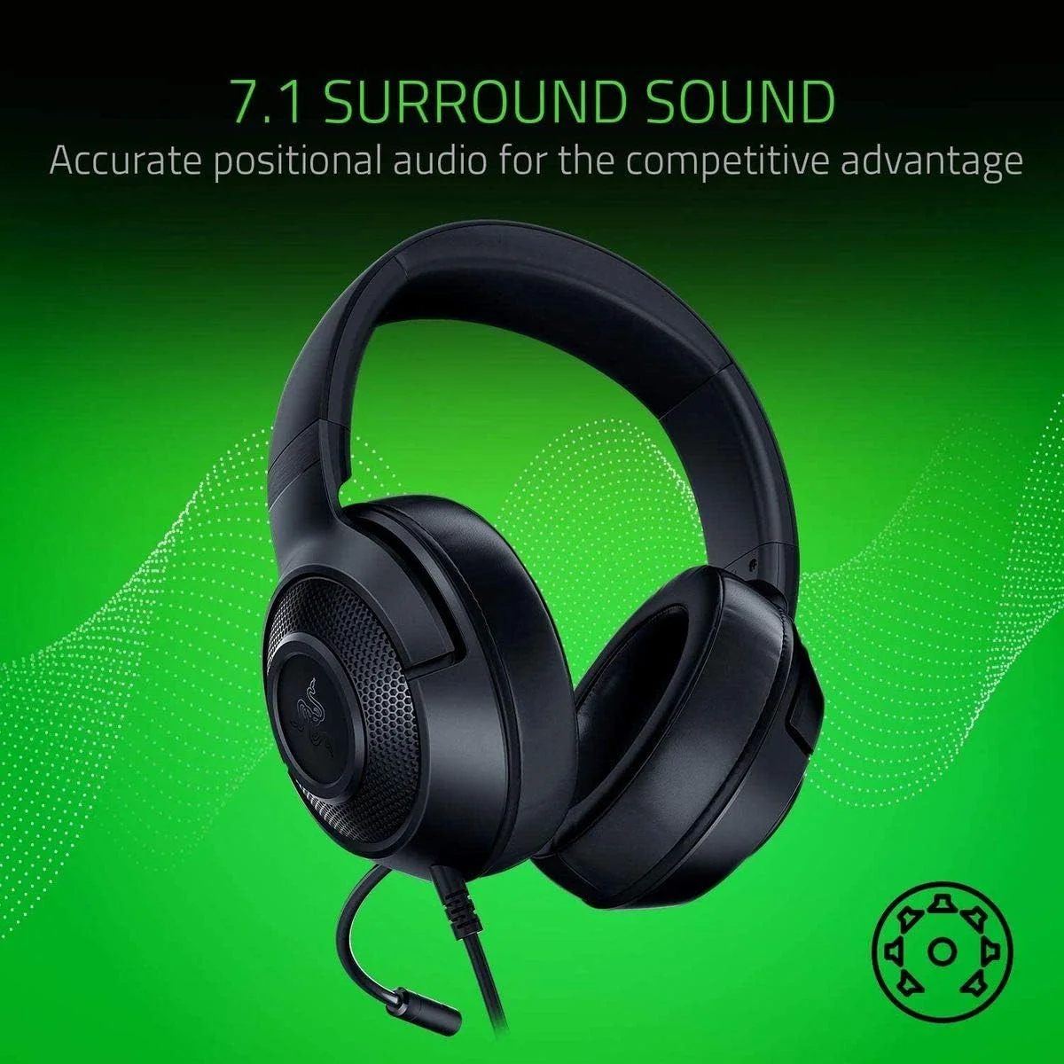 هدست گیمینگ فوق سبک Razer Kraken: صدای فراگیر 7.1 - فریم سبک - نورپردازی لوگوی سبز - کنترل های صوتی یکپارچه - میکروفون کاردیوئید خم شو - برای کامپیوتر، سایز Rz04-02950100-R381