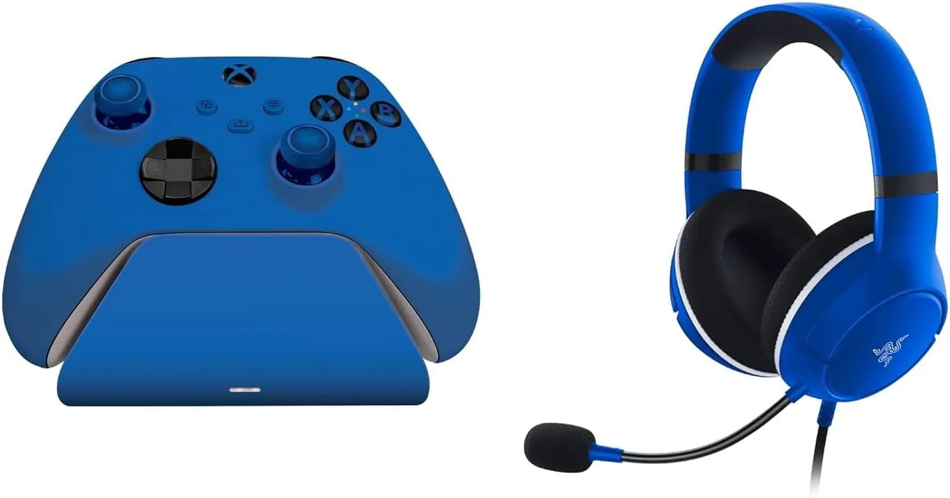 بسته دوتایی ضروری ریزر برای ایکس باکس، هدست سیمی و شارژر سریع برای دسته های ایکس باکس (دسته جداگانه فروخته می شود)، درایورهای 50 میلی متری TriForce، میکروفون HyperClear Cardioid - آبی شوک