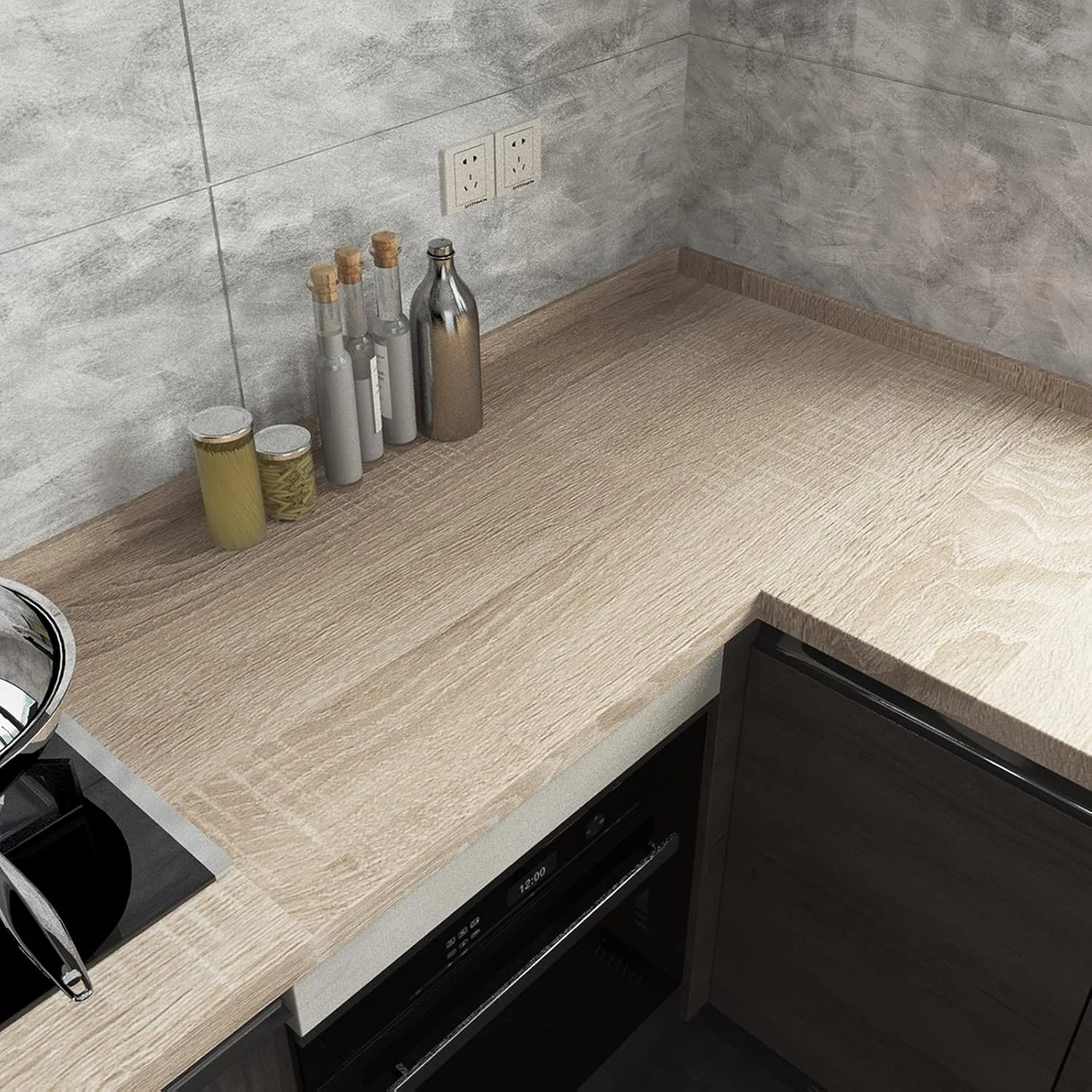 کاغذ دیواری طرح چوب قهوه ای خاکستری ضد آب، روکش چسبی طرح چوب بلوط روشن برای کابینت، برچسب های چوبی خود چسب 40 در 500 سانتی متر، روکش وینیل