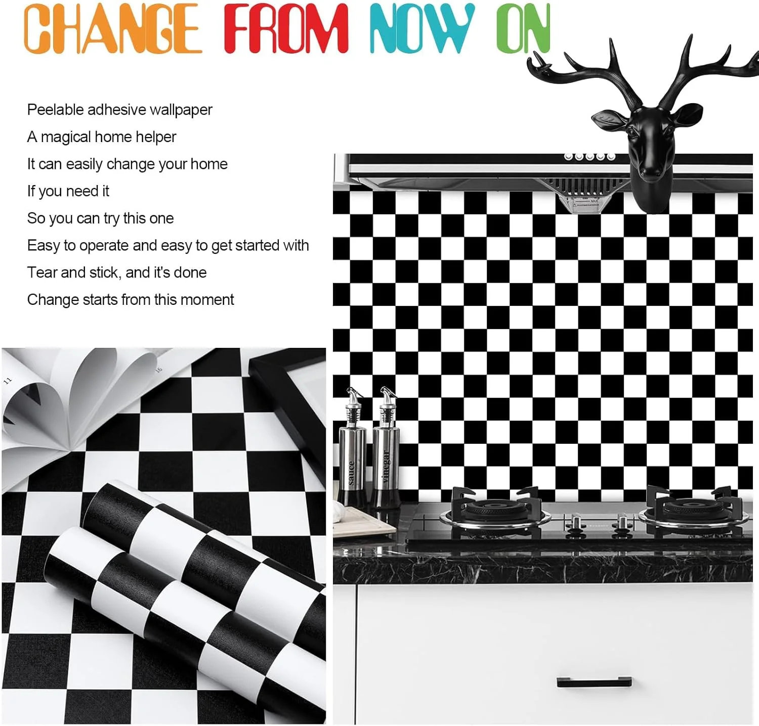 کاغذ دیواری طرح شطرنجی سیاه و سفید، کاغذ دیواری چسبی طرح موزاییکی، 44cmx406cm، کاغذ دیواری وینیل خود چسب جدا شدنی برای پوشش قفسه، اتاق خواب، کابینت، اتاق نشیمن