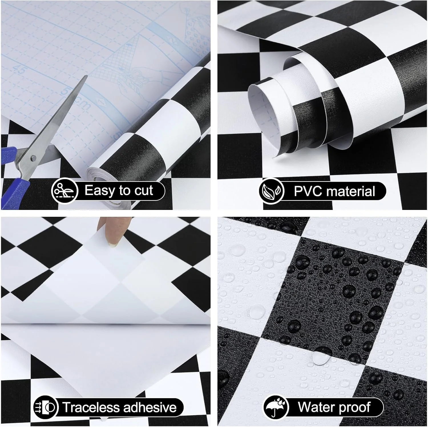 کاغذ دیواری طرح شطرنجی سیاه و سفید، کاغذ دیواری چسبی طرح موزاییکی، 44cmx406cm، کاغذ دیواری وینیل خود چسب جدا شدنی برای پوشش قفسه، اتاق خواب، کابینت، اتاق نشیمن