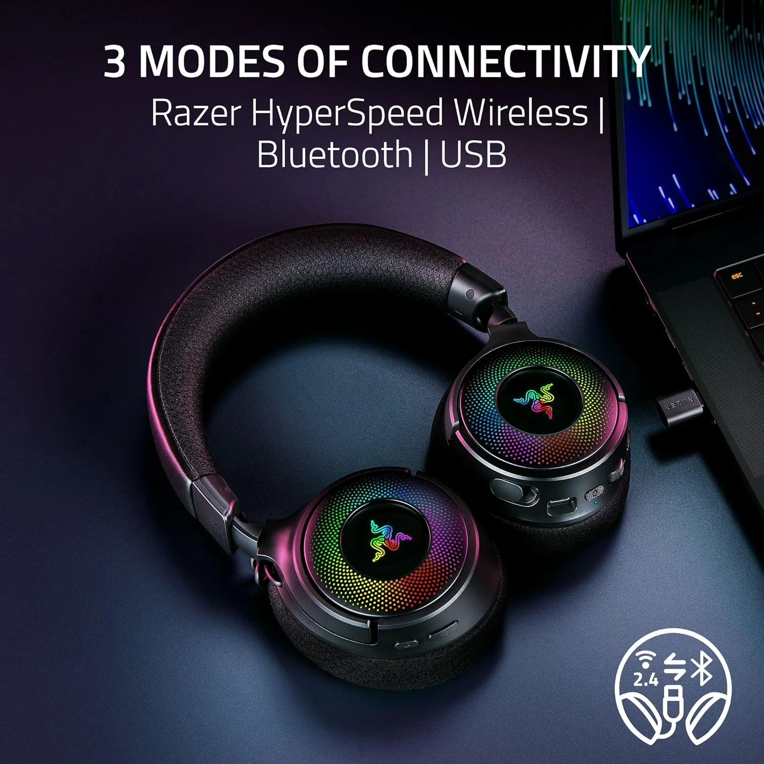 هدست گیمینگ بی سیم Razer Kraken V4: 2.4 گیگاهرتز، بلوتوث، USB - میکروفون پهن باند - درایورهای 40 میلی متری - تنظیم سریع صدا - نورپردازی RGB 9 منطقه ای - برای PC، Mac، PS5، Nintendo Switch، Steam Deck، تلفن هوشمند هدست گیمینگ بی سیم Razer Kraken V4: 2.4 گیگاهرتز، بلوتوث، USB - میکروفون پهن باند - درایورهای 40 میلی متری - تنظیم سریع صدا - نورپردازی RGB 9 منطقه ای - برای PC، Mac، PS5، Nintendo Switch، Steam Deck، تلفن هوشمند