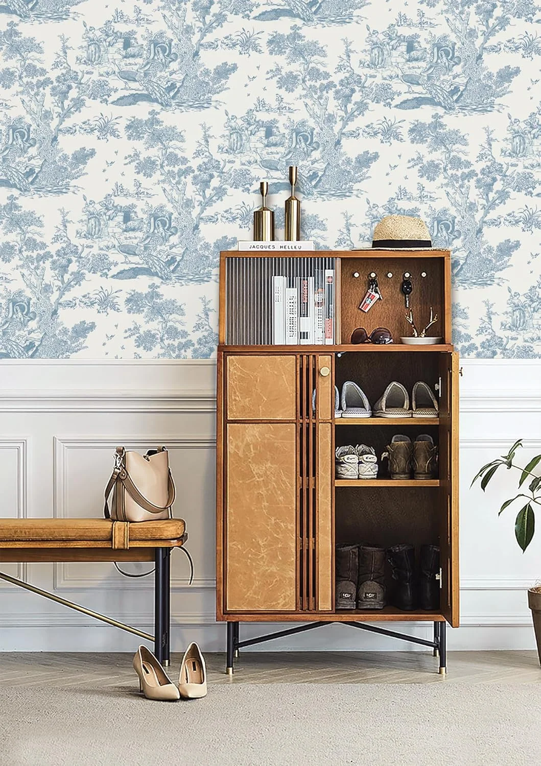 کاغذ دیواری طرح دار سفید و آبی، مناسب اتاق خواب، با قابلیت جدا شدن و چسبندگی آسان، طرح قدیمی، مناسب پوشش دیوارها و دکوراسیون کابینت