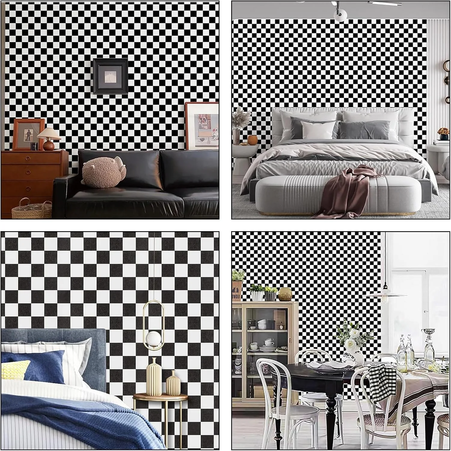 کاغذ دیواری خودچسب طرح شطرنجی سیاه و سفید - فیلم پی وی سی ضد آب برای پوشش دیوار آشپزخانه، حمام، کابینت، قفسه ها و کشوها - 45 در 300 سانتی متر