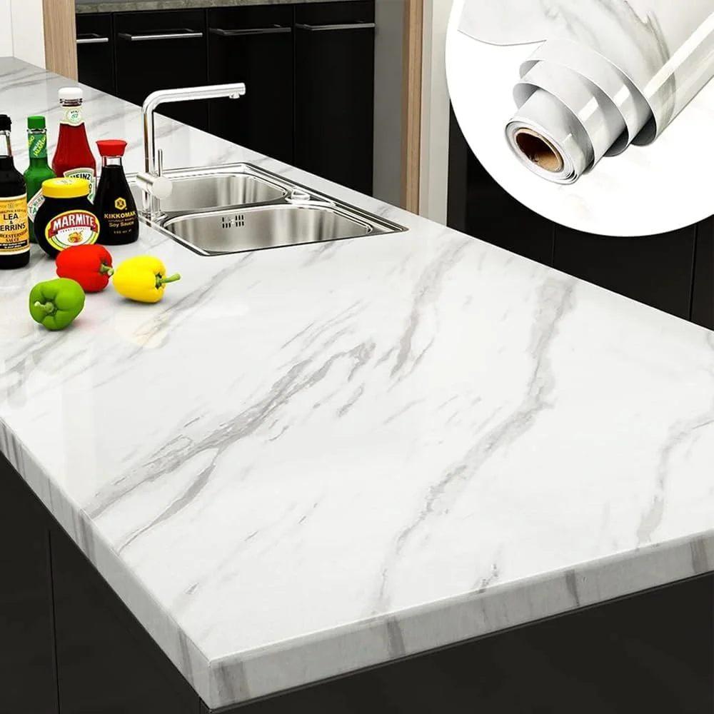برچسب طرح مرمر گودرن، کاغذ دیواری خود چسب جداشدنی تزئینی طرح گرانیت با روکش PVC ضد آب و ضد روغن برای کابینت و میز آشپزخانه - سفید جاز