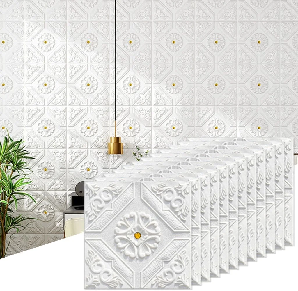 پنل های دیواری سه بعدی HASTHIP®، بسته 12 عددی، 35CM/13.8" x 35CM/13.8"، کاغذ دیواری خود چسب PVC ضد آب با طرح الماس برجسته، مناسب برای دکوراسیون دیوارها، پنل های دیواری برجسته داخلی برای اتاق خواب، آشپزخانه (سفید)