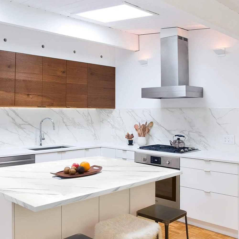 برچسب طرح مرمر گودرن، کاغذ دیواری خود چسب جداشدنی تزئینی طرح گرانیت با روکش PVC ضد آب و ضد روغن برای کابینت و میز آشپزخانه - سفید جاز