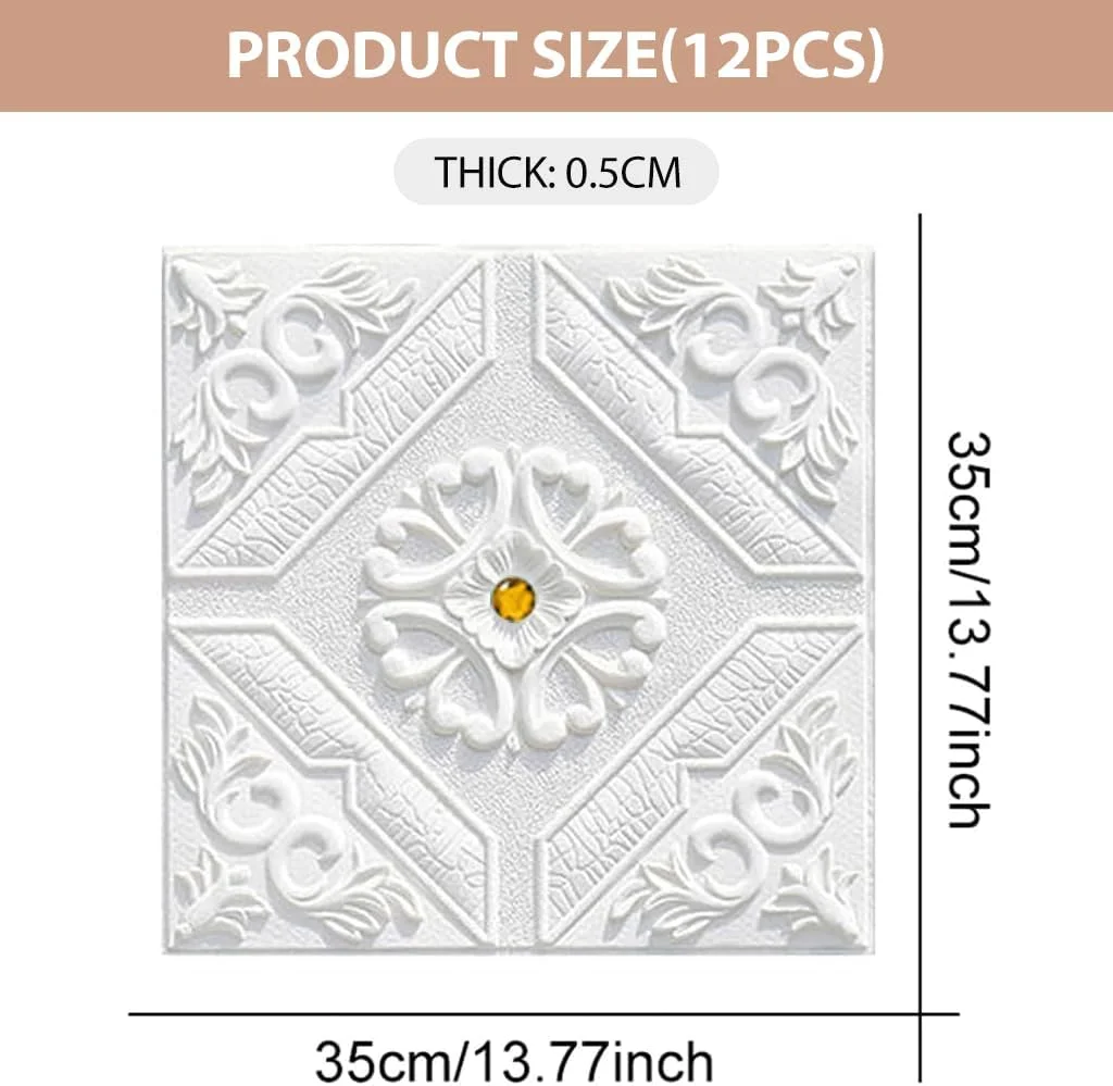 پنل های دیواری سه بعدی HASTHIP®، بسته 12 عددی، 35CM/13.8" x 35CM/13.8"، کاغذ دیواری خود چسب PVC ضد آب با طرح الماس برجسته، مناسب برای دکوراسیون دیوارها، پنل های دیواری برجسته داخلی برای اتاق خواب، آشپزخانه (سفید)