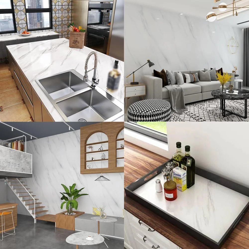 برچسب طرح مرمر گودرن، کاغذ دیواری خود چسب جداشدنی تزئینی طرح گرانیت با روکش PVC ضد آب و ضد روغن برای کابینت و میز آشپزخانه - سفید جاز