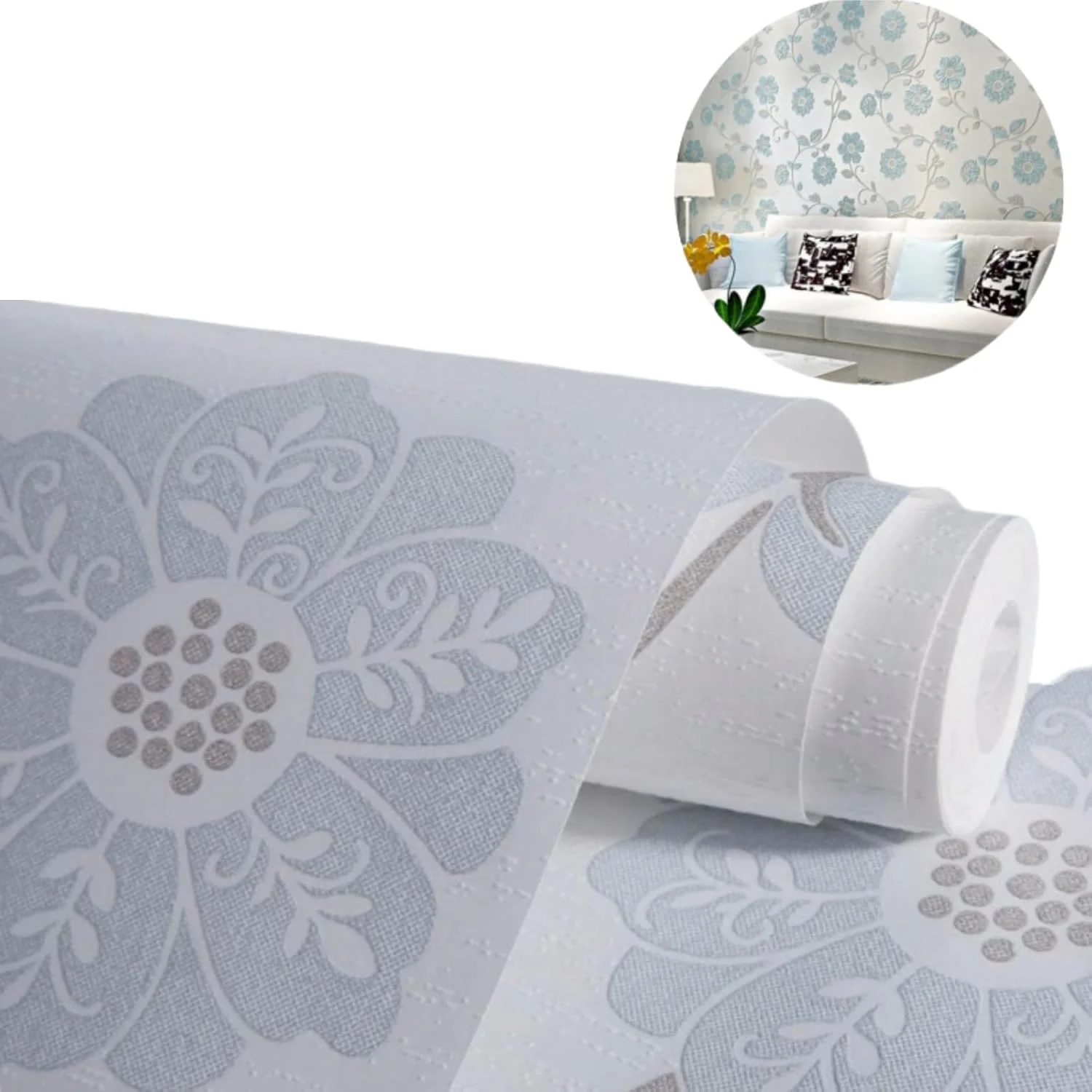 رول کاغذ دیواری بافت دار سفید متالیک براق هالامودو مناسب اتاق خواب، نشیمن و منزل (طرح گل، 0.53×10 متر) رول کاغذ دیواری بافت دار سفید متالیک براق هالامودو مناسب اتاق خواب، نشیمن و منزل (طرح گل، 0.53×10 متر)