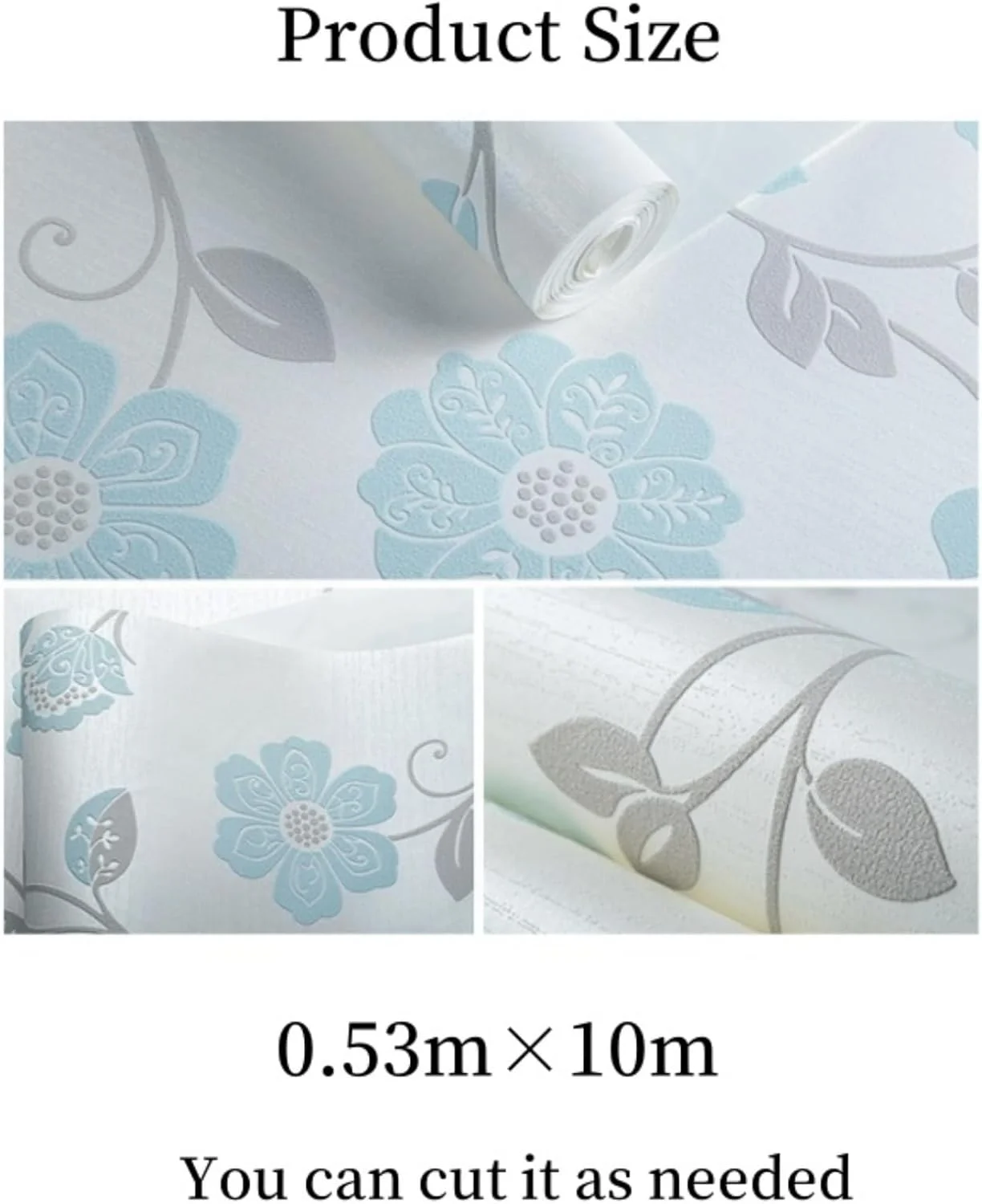 رول کاغذ دیواری بافت دار سفید متالیک براق هالامودو مناسب اتاق خواب، نشیمن و منزل (طرح گل، 0.53×10 متر)