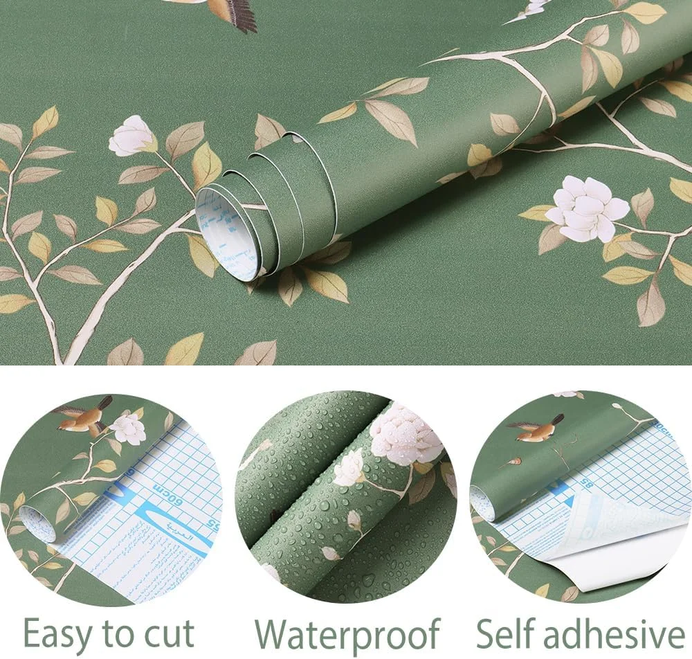 کاغذ دیواری طرح گل هوپک، شاخه سبز و پرنده، مناسب اتاق خواب، خودچسب، جداشدنی، کاغذ دیواری طرح گل، کاغذ دیواری زیبا برای دکور حمام، 41 در 200 سانتی متر