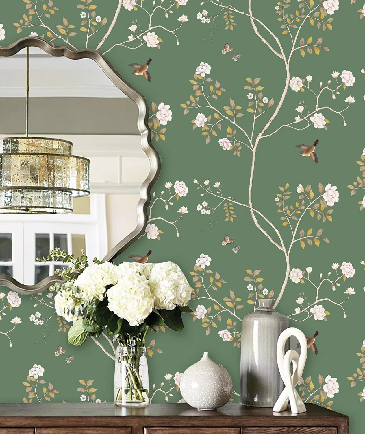 کاغذ دیواری طرح گل هوپک، شاخه سبز و پرنده، مناسب اتاق خواب، خودچسب، جداشدنی، کاغذ دیواری طرح گل، کاغذ دیواری زیبا برای دکور حمام، 41 در 200 سانتی متر
