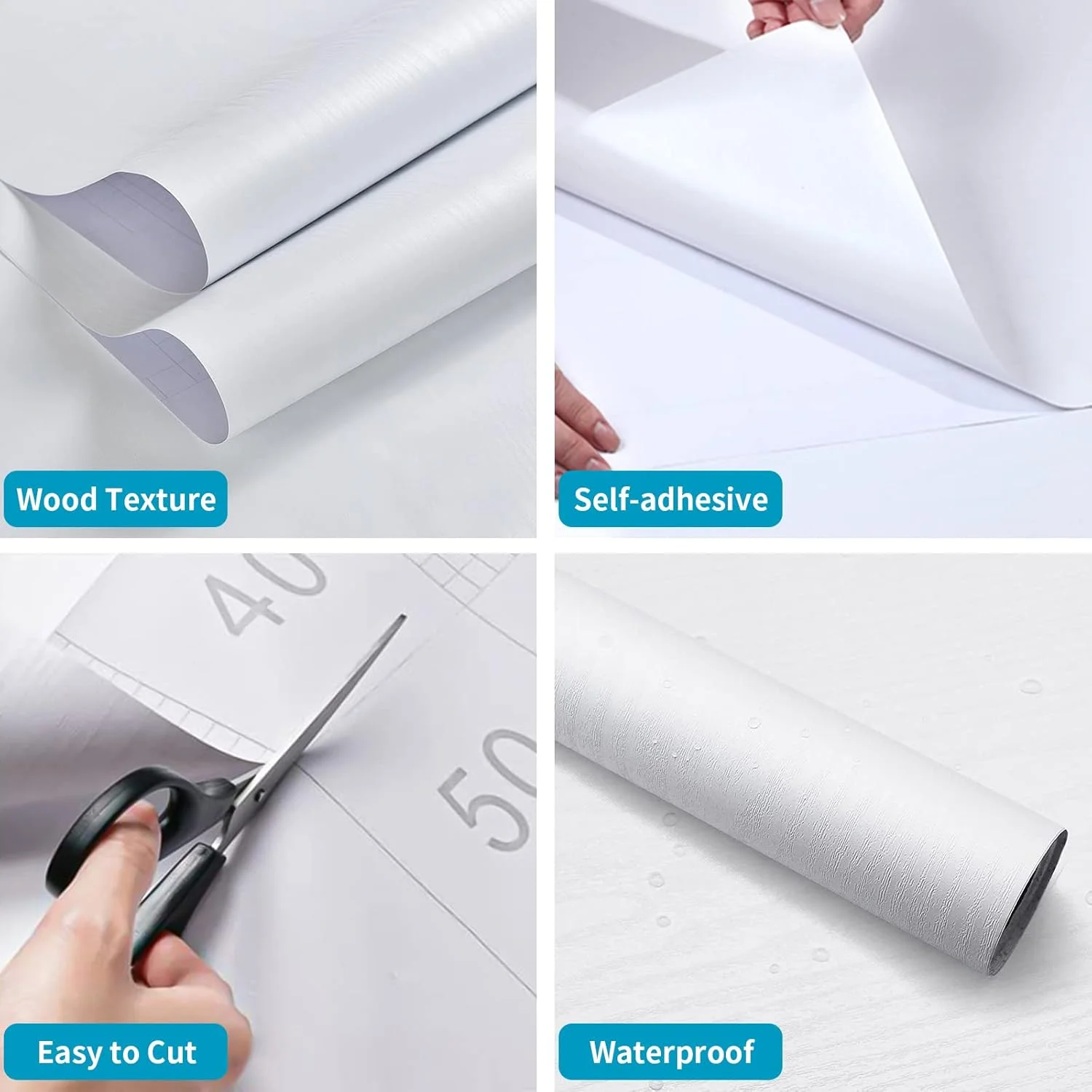 کاغذ دیواری چوبی سفید INFOSUN، 5 متر در 40 سانتی متر، کاغذ دیواری خود چسب ضد آب براق PVC وینیل، ضد روغن، کاغذ دیواری وینیل سفید برای پوشش سطح مبلمان، پیشخوان، آشپزخانه