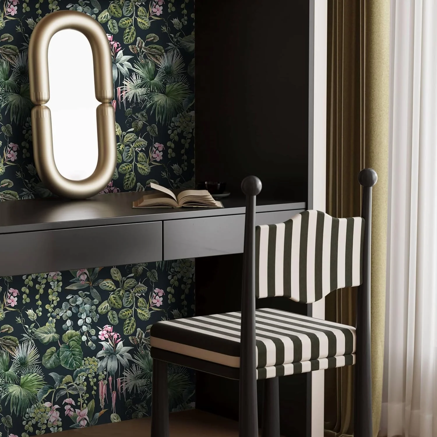 کاغذ دیواری چسبی ایسمون، کاغذ دیواری طرح گل سبز تیره، کاغذ دیواری طرح برگ های استوایی، وینیل خود چسب (LM159)