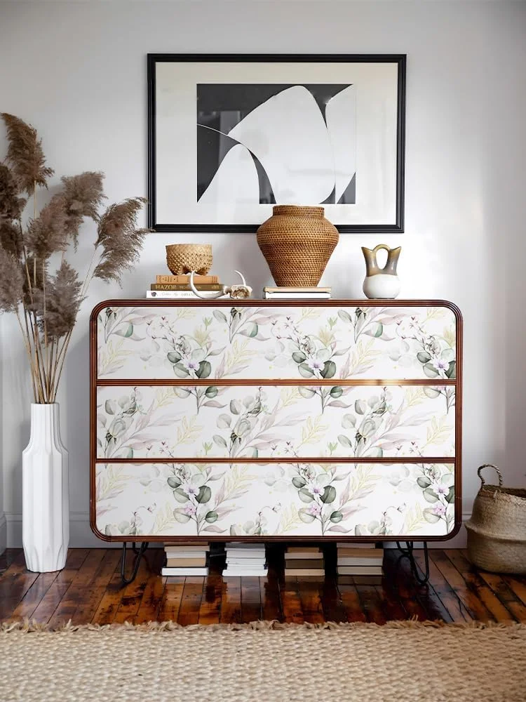 کاغذ دیواری برچسبی JLHOUSE 0216 طرح گل و برگ درخت صورتی، کاغذ دیواری چسبی طرح مزرعه، کاغذ دیواری خود چسب تزئینی