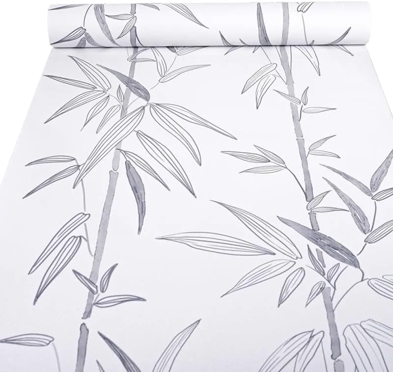 کاغذ دیواری برچسبی JLHOUSE JLTH8701-3 طرح بامبو، 44cmX300cm، سبک طراحی جوهر، سفید و خاکستری روشن، ضد آب، قابل جابجایی و تمیز کردن آسان برای اتاق خواب و نشیمن