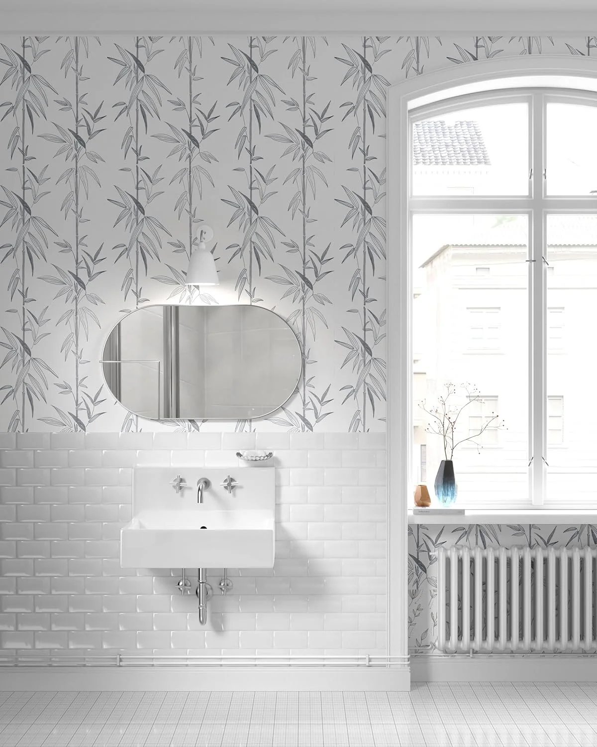 کاغذ دیواری برچسبی JLHOUSE JLTH8701-3 طرح بامبو، 44cmX300cm، سبک طراحی جوهر، سفید و خاکستری روشن، ضد آب، قابل جابجایی و تمیز کردن آسان برای اتاق خواب و نشیمن