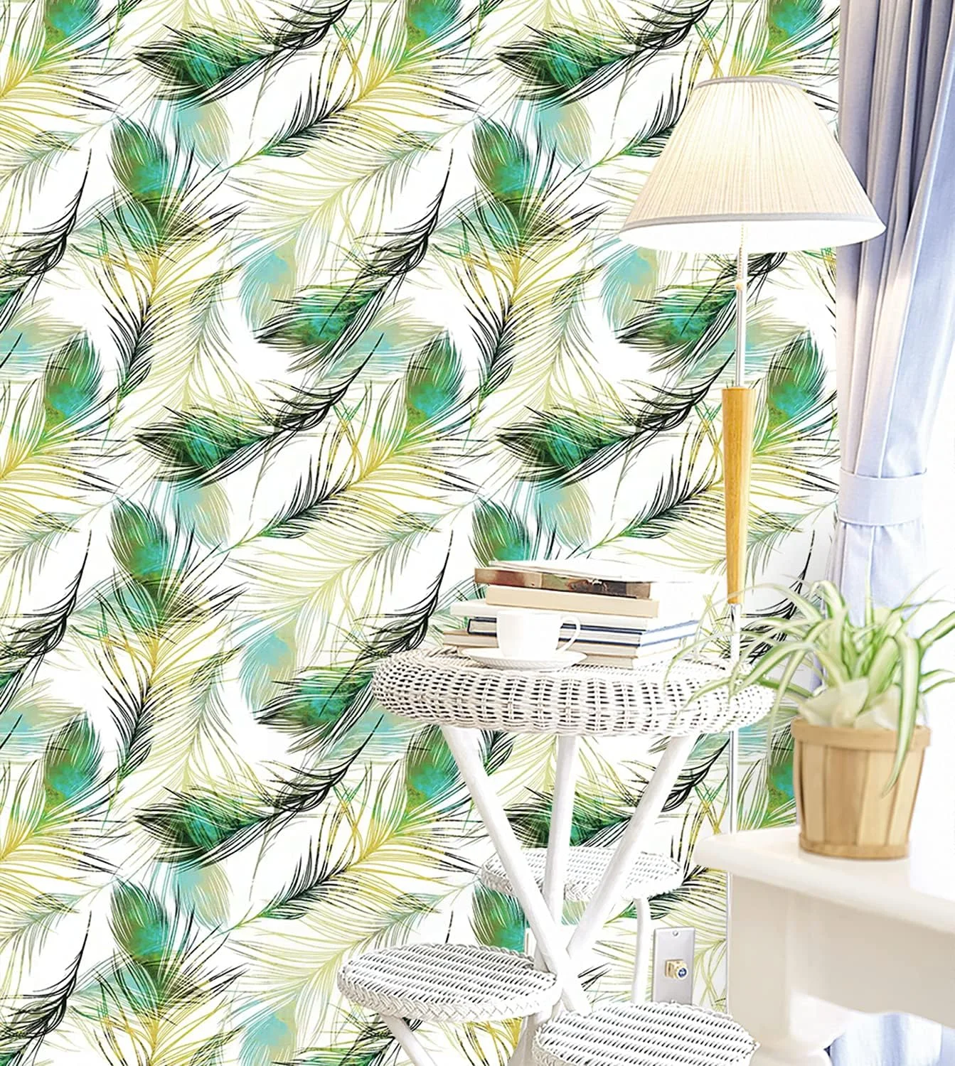 کاغذ دیواری خود چسب وینیل JLHOUSE طرح برگ نخل - کاغذ دیواری جداشدنی برای دکوراسیون دیوار اتاق خواب و نشیمن 45 سانتی متر در 300 سانتی متر