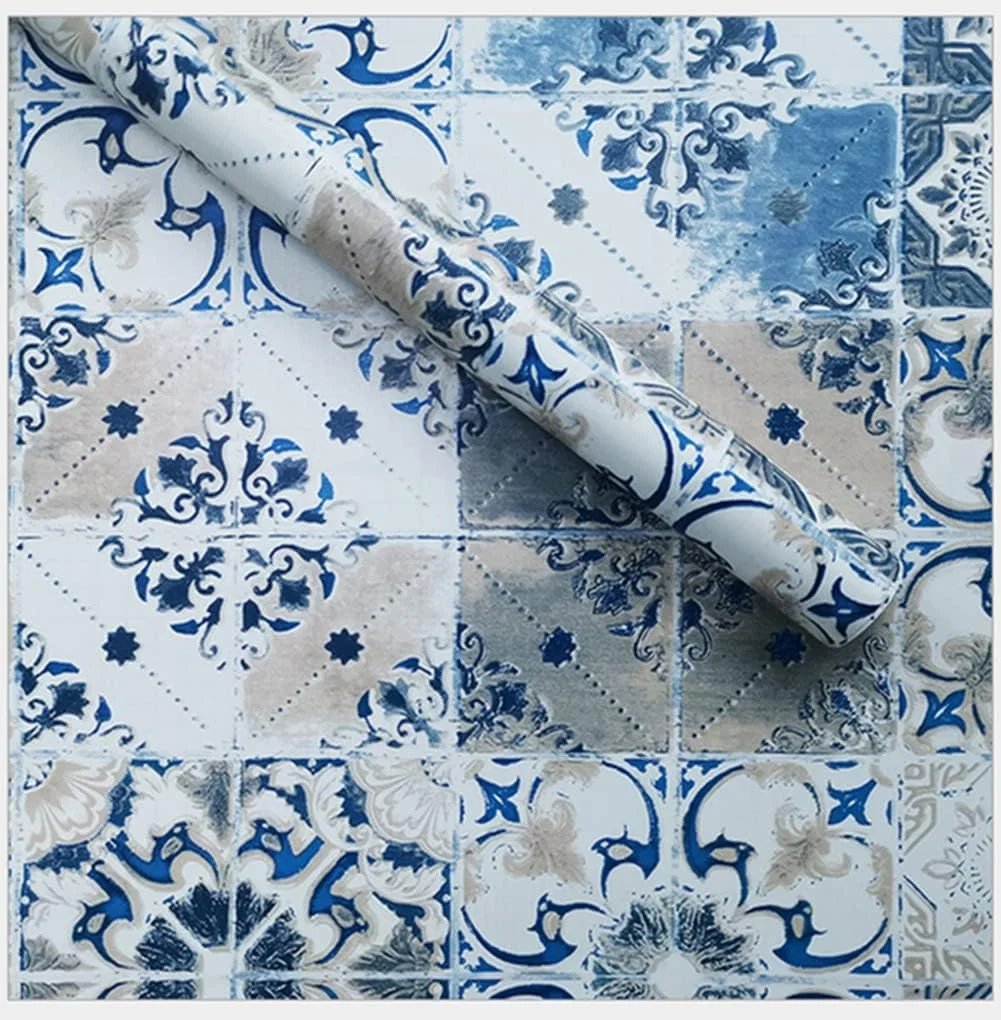 کاغذ دیواری طرح کاشی مراکشی آبی JLHOUSE 1229-3، خودچسب، مناسب برای مبلمان، کانتر آشپزخانه، میز، درب و تخته سیاه، ابعاد 45cmx300cm