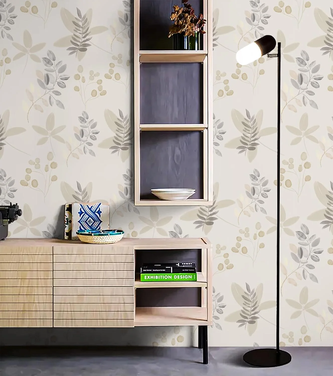 کاغذ دیواری طرح برگ JLHOUSE 8305-3، خاکستری، خود چسب، ضد آب، طرح گل، قابل جابجایی، مناسب برای قفسه، 44 سانتی متر در 3 متر