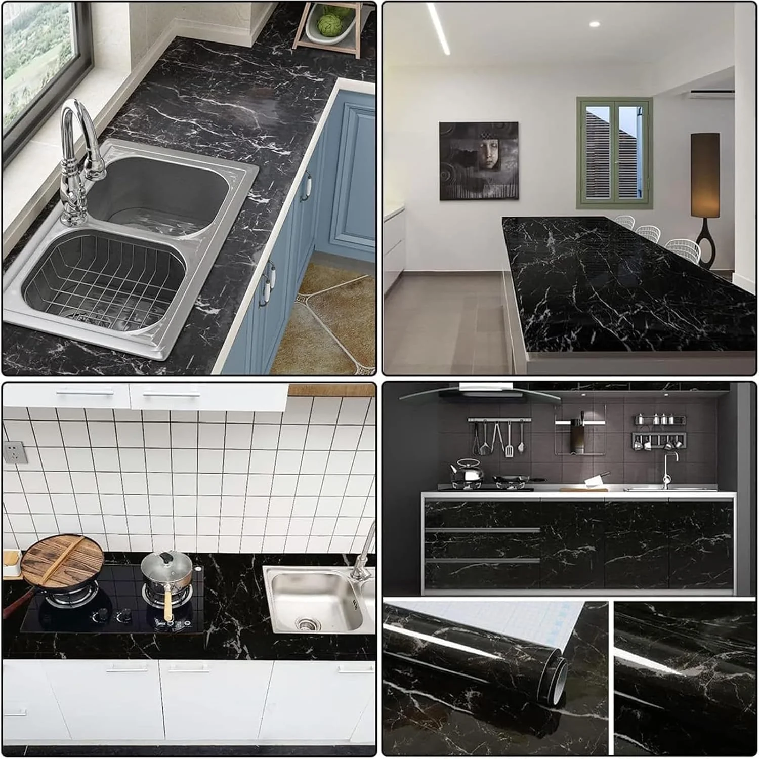 کاغذ دیواری طرح مرمر خود چسب، رول کاغذ دیواری پی وی سی طرح مرمر 60cmx5m، پس زمینه چسبی سیاه و سفید، عالی برای دکوراسیون منزل و دفاتر کار