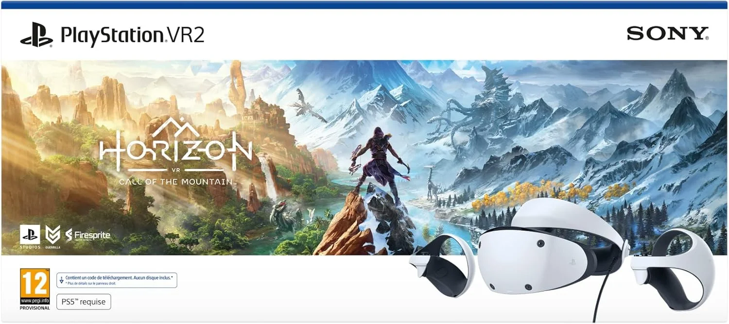 سونی، بسته PlayStation®VR2 Horizon Call of the Mountain™، هدست واقعیت مجازی + کنترلر PS VR2 Sense، هدست واقعیت مجازی برای PS5، سازگار با کنسول PlayStation 5، رنگ: سیاه و سفید