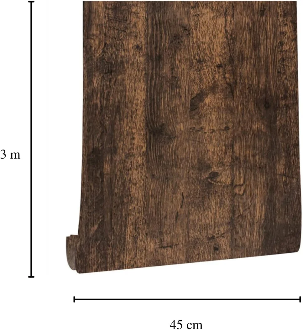 کاغذ دیواری طرح چوب قدیمی Loloty، ۴۵ سانتی متر در ۳ متر، کاغذ دیواری خود چسب طرح تخته چوب قهوه ای، کاغذ دیواری خود چسب روستیک برای دکوراسیون منزل، مبلمان، کمد لباس، بازسازی میز