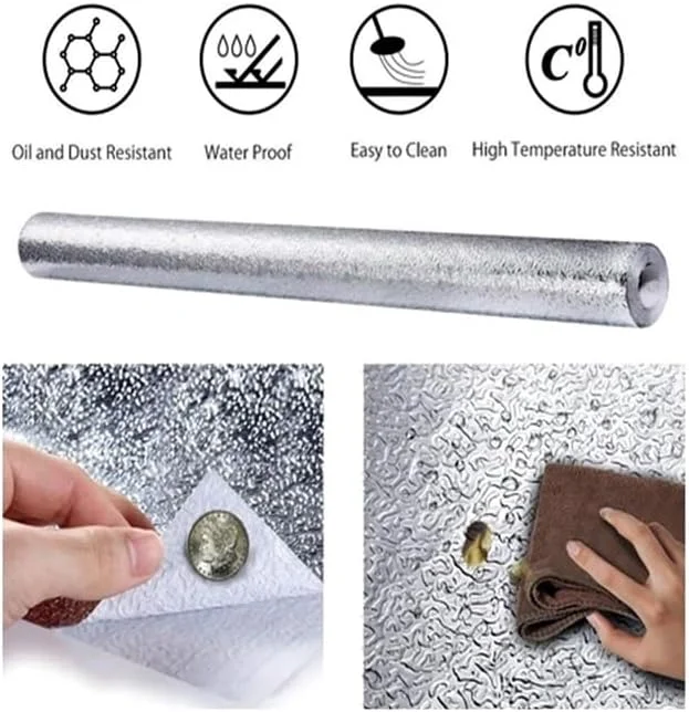 کاغذ دیواری نقره ای خود چسب MARKQ 60x500 سانتی متر، کاغذ روکش چسبی برای مبلمان، کابینت، کشو، اجاق گاز، پیشخوان، دیوارپوش آشپزخانه. PET، ضد روغن، ضد آب برچسب فویل آلومینیومی