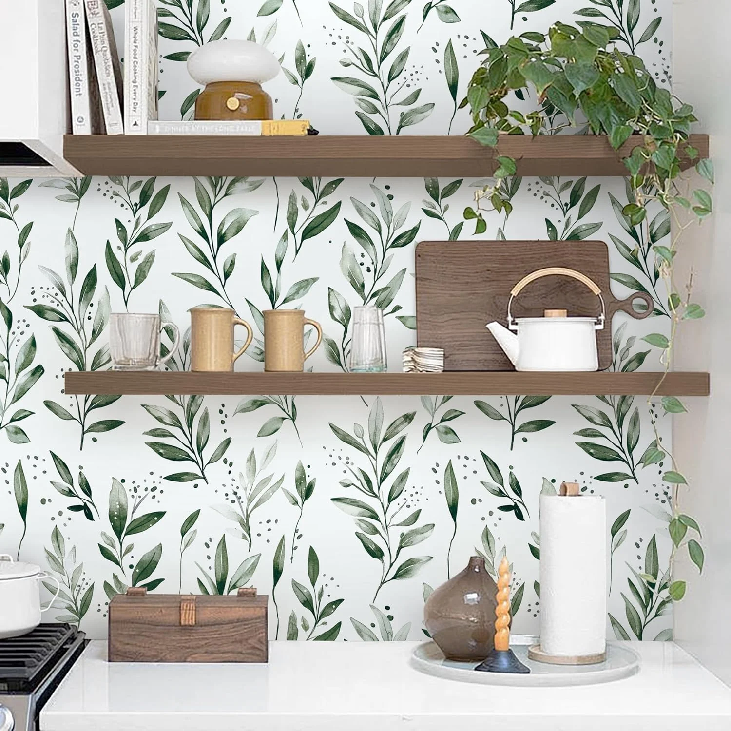 کاغذ دیواری برچسبی Micpolo طرح برگ سبز، کاغذ دیواری مدرن، کاغذ دیواری جداشدنی خودچسب برای دکور دیوار حمام، اتاق خواب و آشپزخانه، 44cm x 300cm