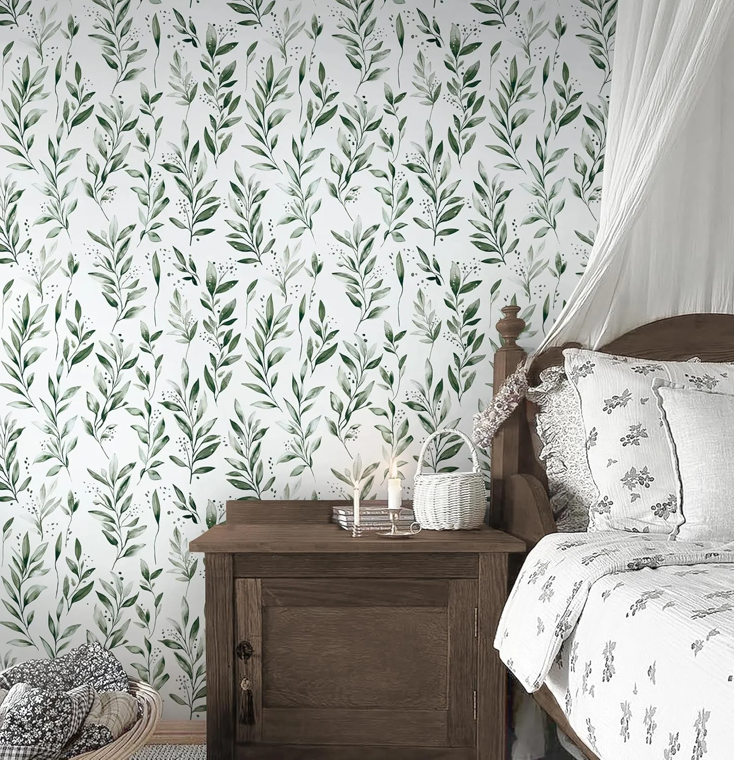 کاغذ دیواری برچسبی Micpolo طرح برگ سبز، کاغذ دیواری مدرن، کاغذ دیواری جداشدنی خودچسب برای دکور دیوار حمام، اتاق خواب و آشپزخانه، 44cm x 300cm