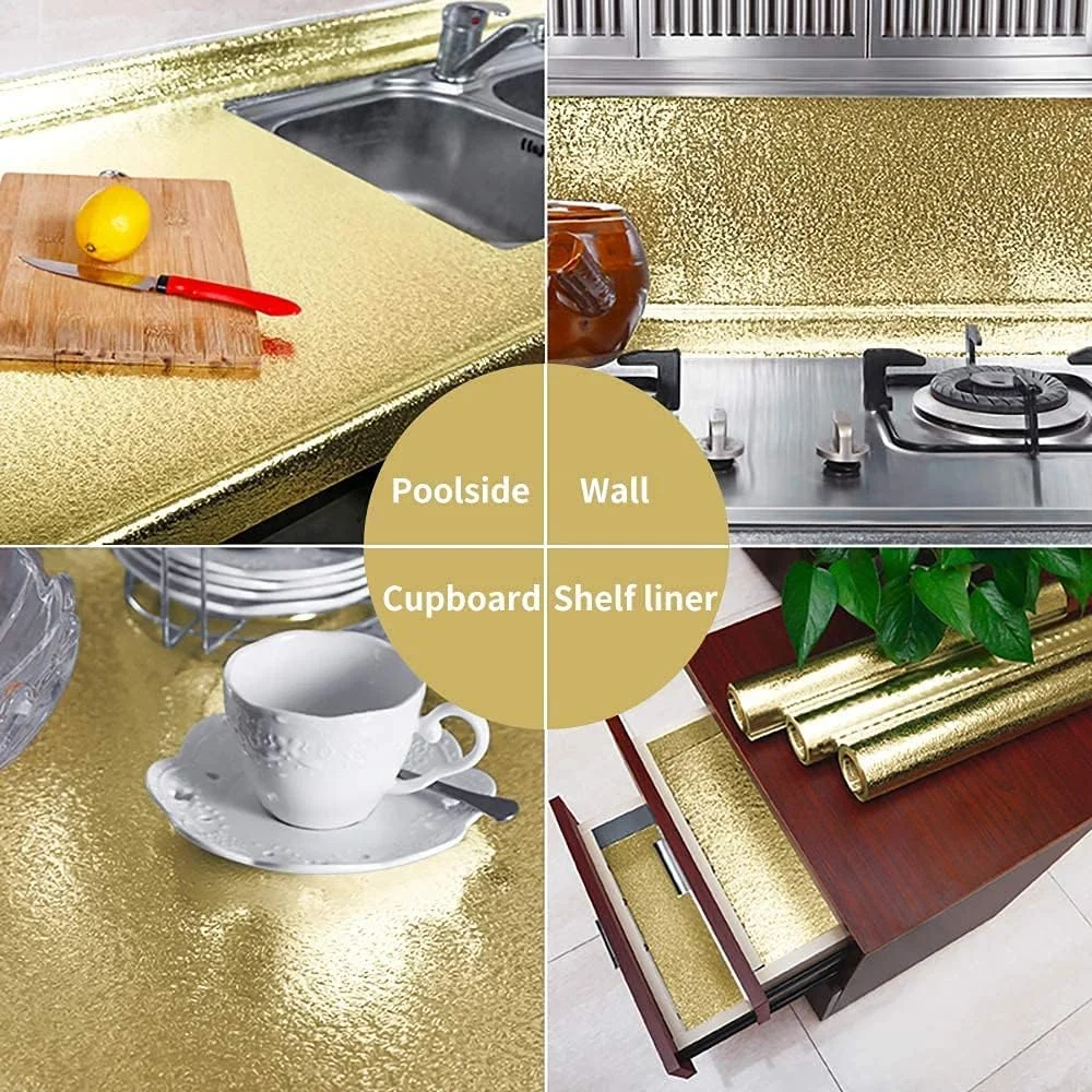 برچسب های کاغذ دیواری بین کابینتی آشپزخانه Mumoo Bear، برچسب های فویل آلومینیومی خود چسب ضد روغن و ضد آب برای اجاق گاز - 40 * 300 سانتی متر (طرح طلایی)