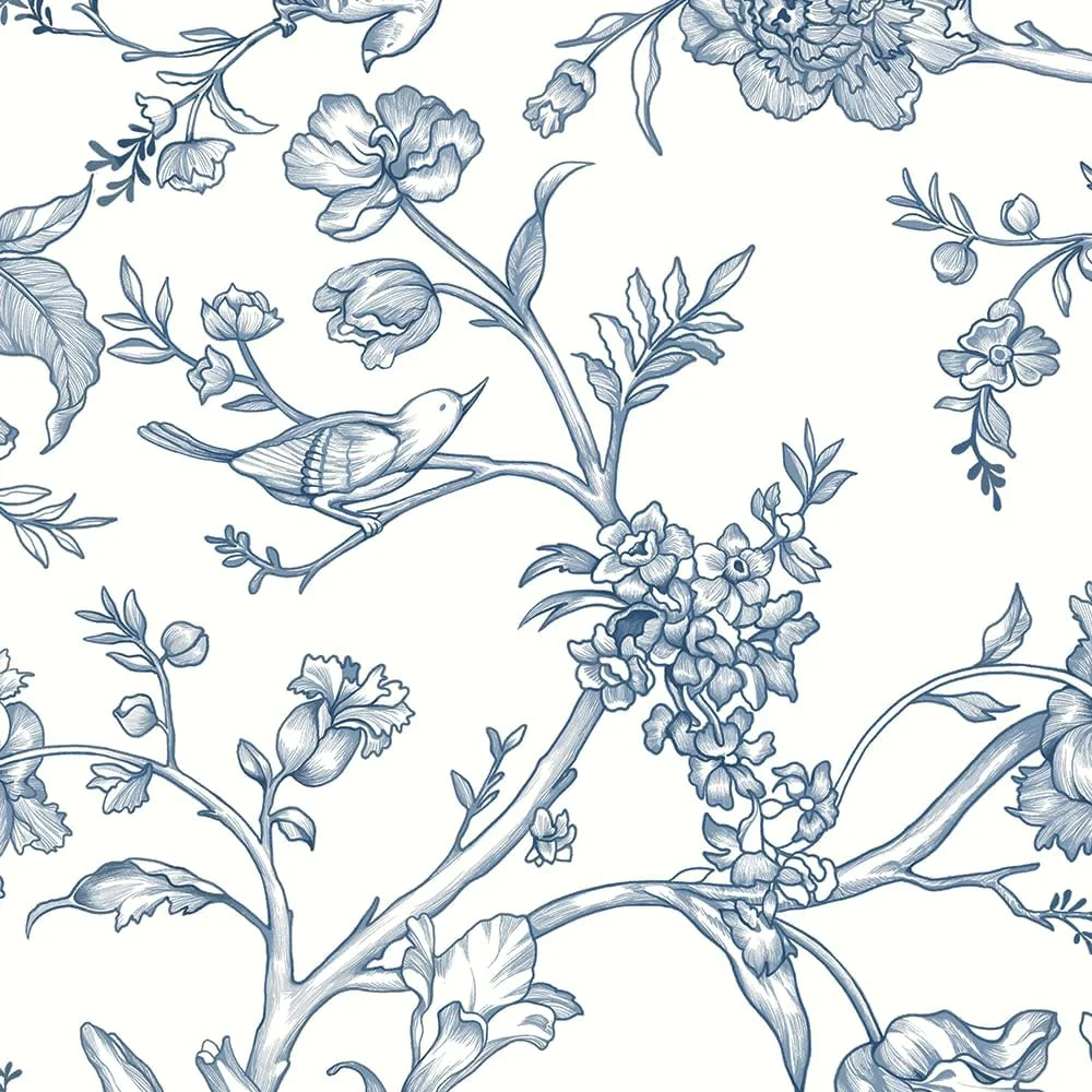 کاغذ دیواری طرح گل و پرنده Safiyya، کاغذ خودچسب آبی سفید، کاغذ دیواری جداشدنی، کاغذ دیواری بوهو، رول های وینیل برای دیوار، 300x44 سانتی متر