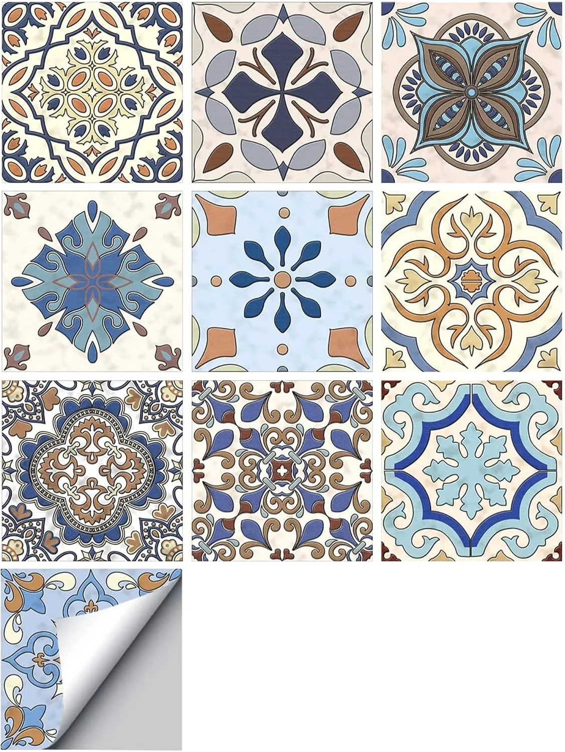 برچسب‌های کاشی دیواری خودچسب، استیکرهای تزئینی کاشی به سبک ترکیه برای دیوارها، 10 عدد استیکر دیواری قابل جابجایی، برچسب‌های ضد آب برای دکور چسبی حمام و آشپزخانه 15x15 سانتی‌متر