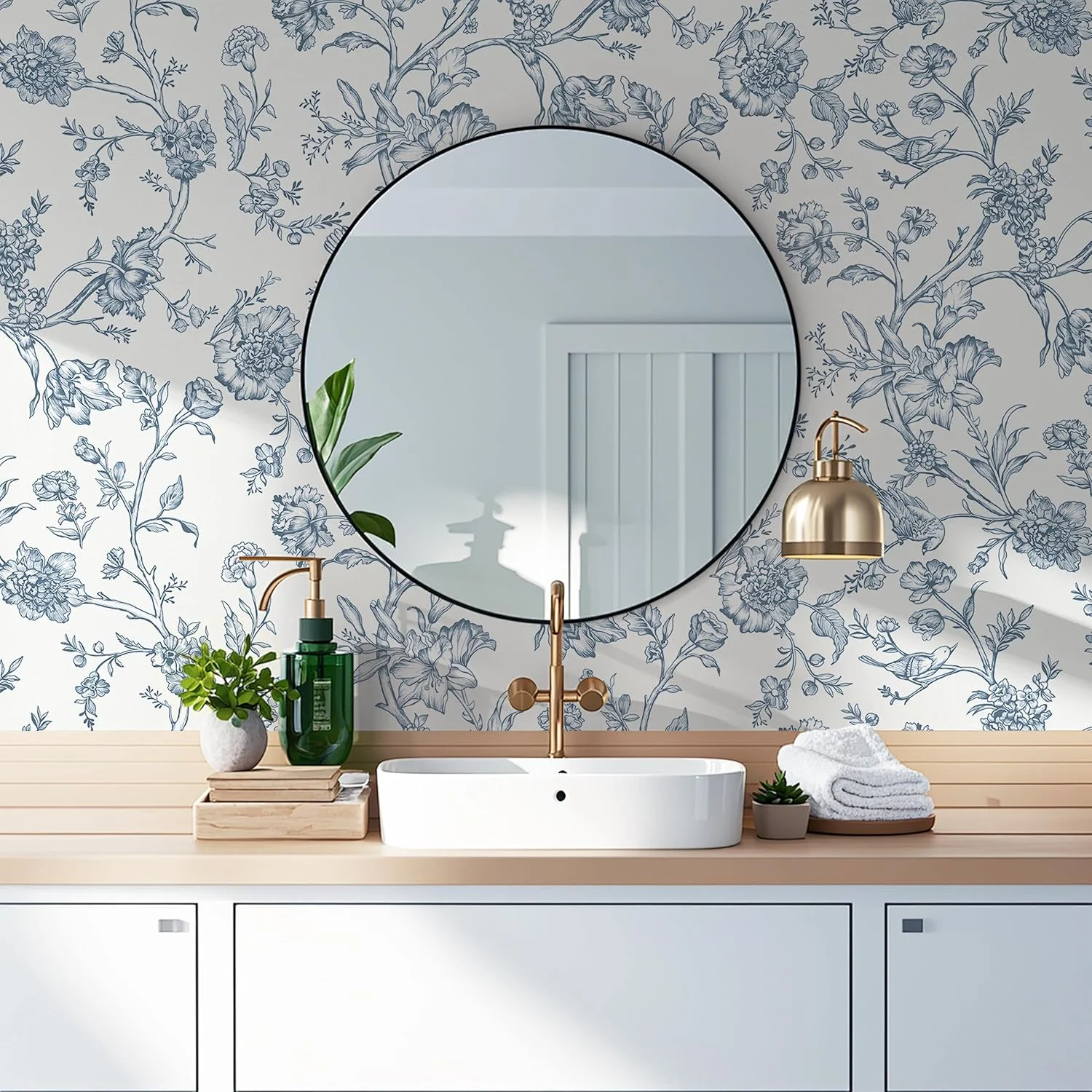 کاغذ دیواری طرح گل و پرنده Safiyya، کاغذ خودچسب آبی سفید، کاغذ دیواری جداشدنی، کاغذ دیواری بوهو، رول های وینیل برای دیوار، 300x44 سانتی متر